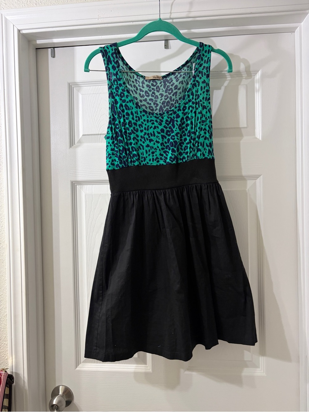 Juniors Black Skirt Teal Leopard Print Tank Dress